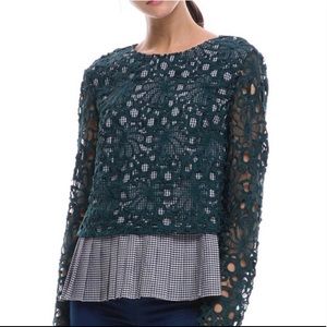 English Factory Navy Gingham Lace Overlay Blouse